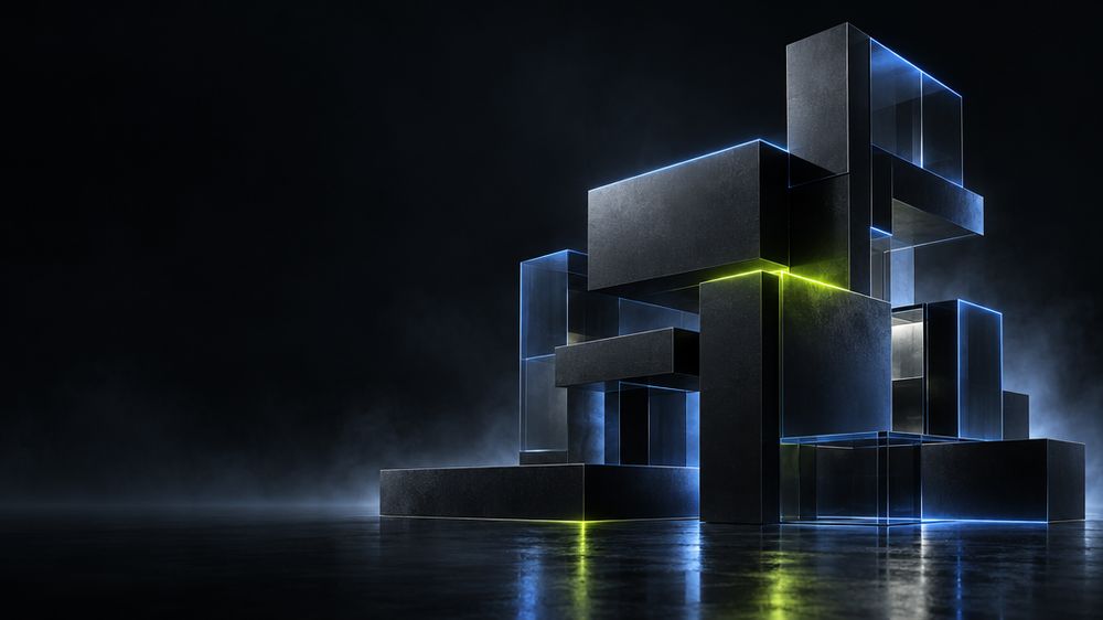 Abstract render: precise black and smoked-glass blocks fitted together, lit by a seam of lime light