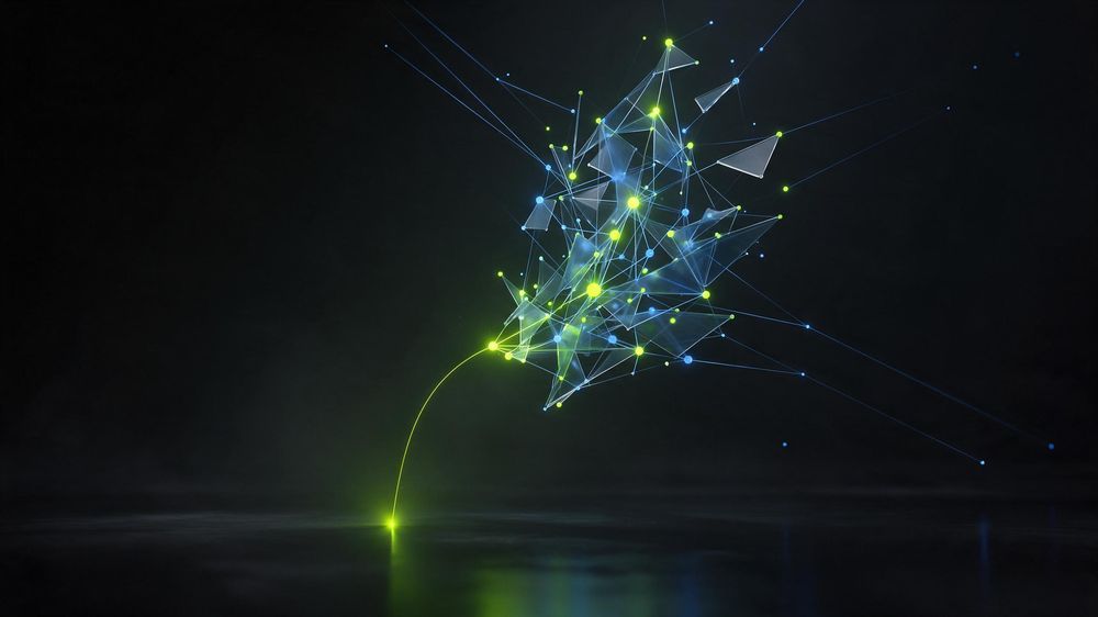 Abstract render: a lime filament of light rising into a floating glass lattice joined by electric-blue lines