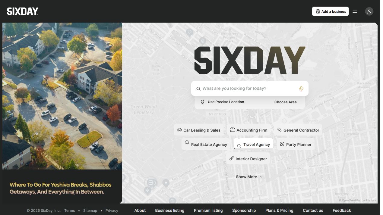 SixDay’s actual homepage, with business search, local categories and a neighborhood map
